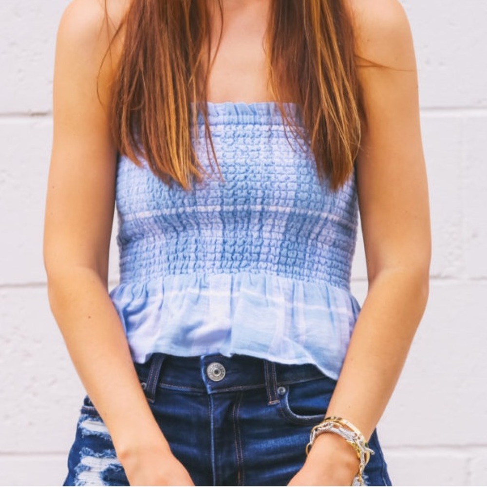 American Eagle Blue Smocked Crop Peplum Tube Top